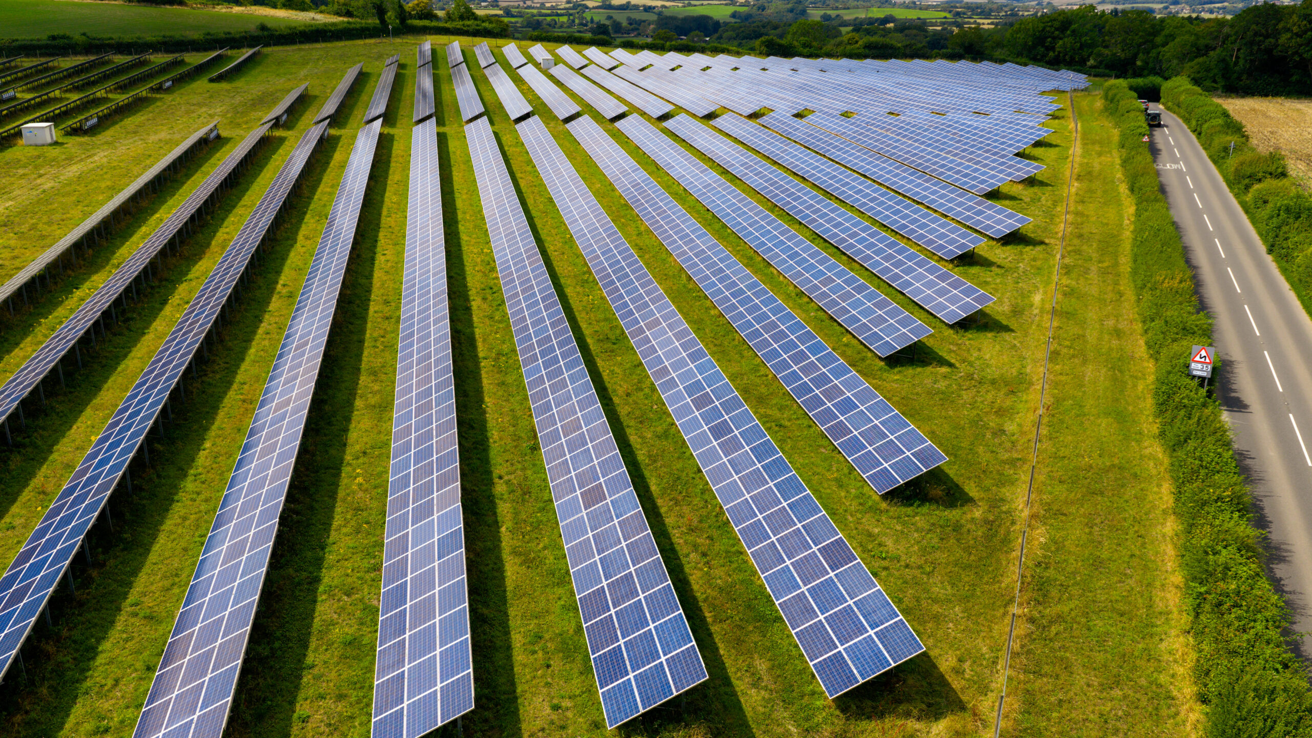 Gillespie Macandrew. Marksbury, UK, August 05, 2025: Aerial drone view of the newly constructed Marksbury Plain Solar Farm.